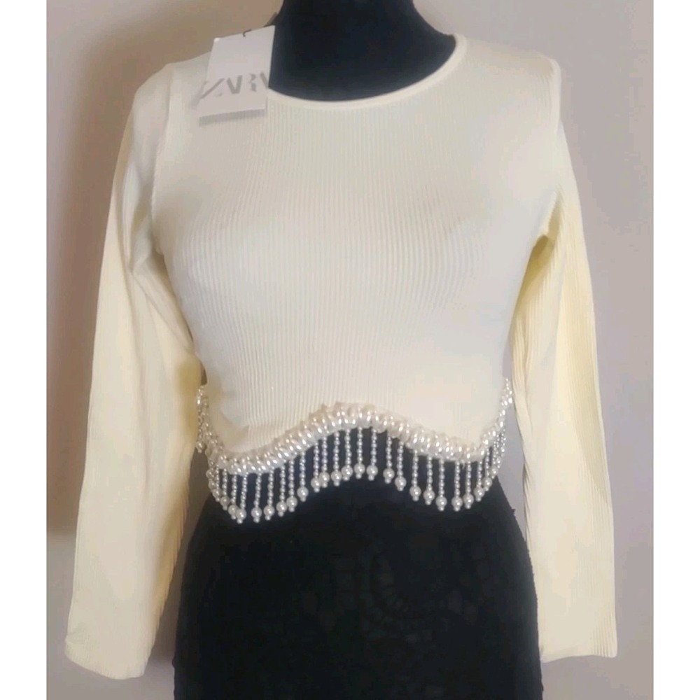 Zara Women‎ Pale Yellow Embellished Curved Hem Ribbed Top Size M